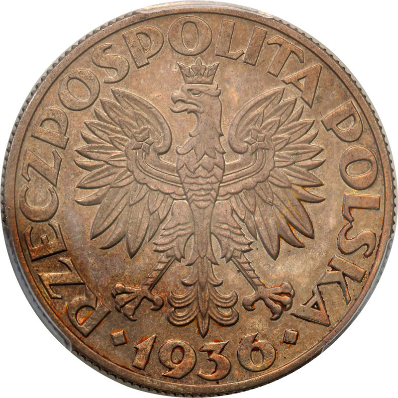 II RP. PRÓBA srebro 5 złotych 1936 żaglowiec, stempel zwykły PCGS SP62 (MAX)